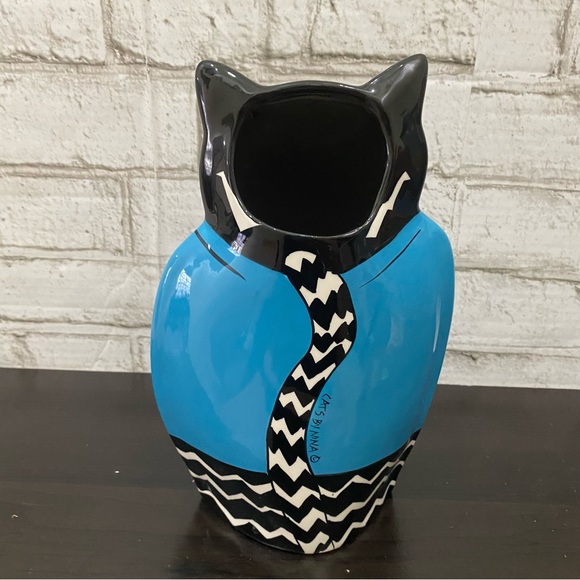 CATS by Nina Lyman Blue Ceramic Cat Golfer 9.5” Planter Vase - Picture 10 of 15